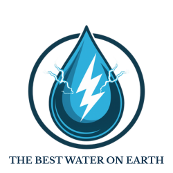 A blue water droplet with a white lightning bolt and electric sparks inside a circle. Text below reads "THE BEST WATER ON EARTH.