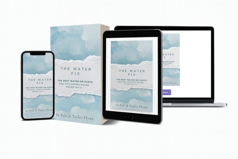 A book titled "The Water Fix" by Kyle & Taylor Flynn is displayed on a phone, tablet, laptop, and as a physical book, all with a blue and white cover design.