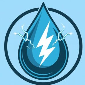 A blue water droplet with a white lightning bolt inside and two electric sparks, all enclosed within a dark blue circle on a light blue background.