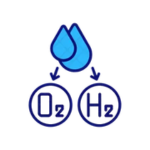 Icon showing water droplets above arrows pointing to O2 and H2 symbols, representing the separation of water into oxygen and hydrogen.